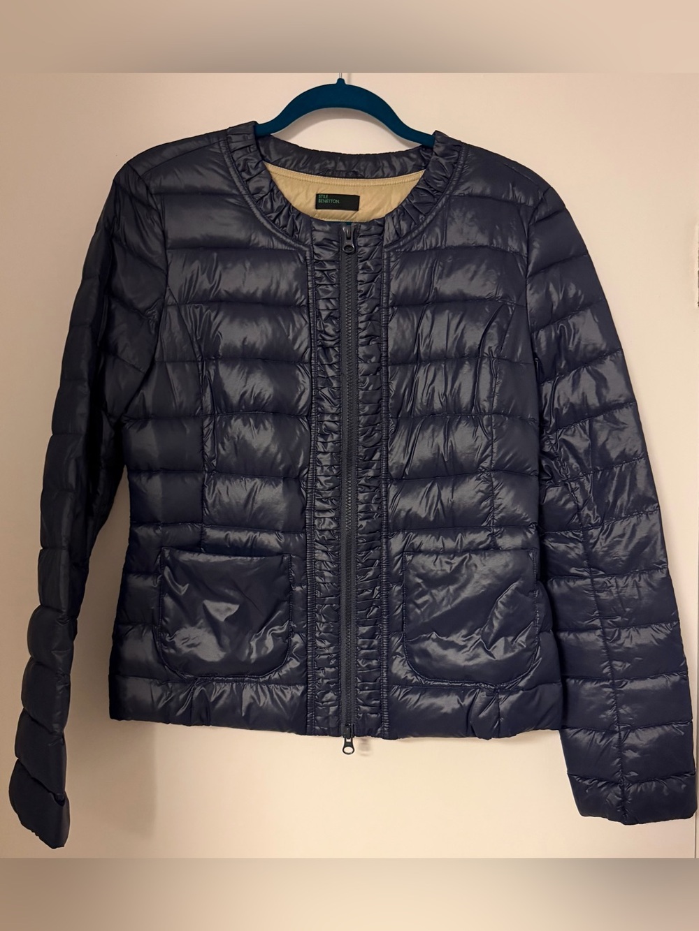 Stile Benetton Navy Blue Collarless Lightweight Down Quilted Puffer Jacket